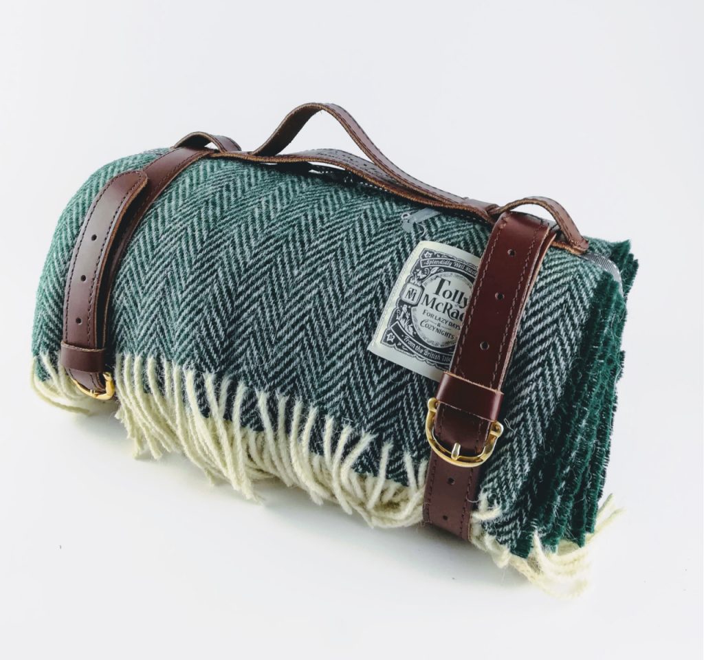 tolly mcrae botanical green chunky picnic blanket, british wool green picnic rug, luxury picnic rug with leather carry strap