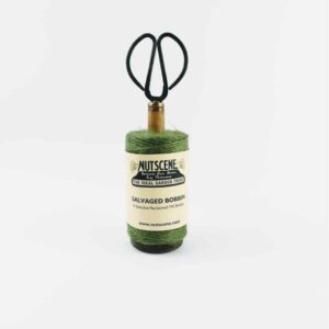 nutscene recycled mill bobbin with twine and scissors green, jute twine and recycled mill bobbin