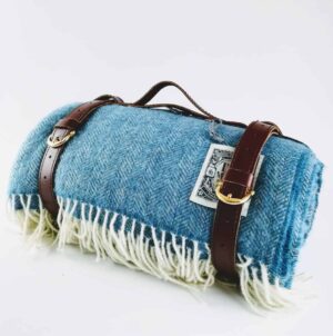 Cornish blue picnic blanket tolly mcrae sky blue wool picnic rug