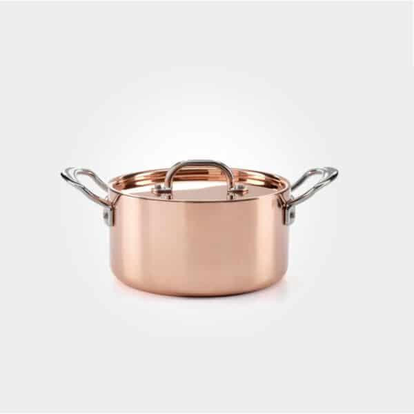 samuel groves copper casserole pan on white background