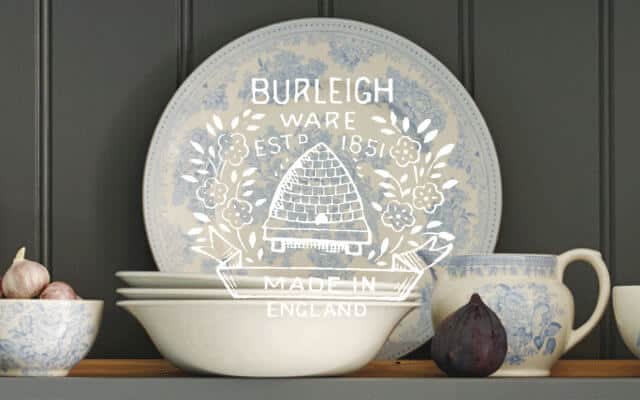 burleigh pottery on shelf with logo lock up