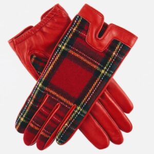 Dents Balmoral Berry red tartan ladies gloves, finest ladies leather gloves made in UK with scottish cashmire