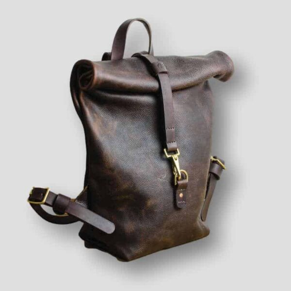 Heather borg Kodiak Leather roll top backpack, roll top leather handmade backpack, british made backsack made in manchester