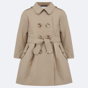 classic girls trench coat in beige made in Uk on white background