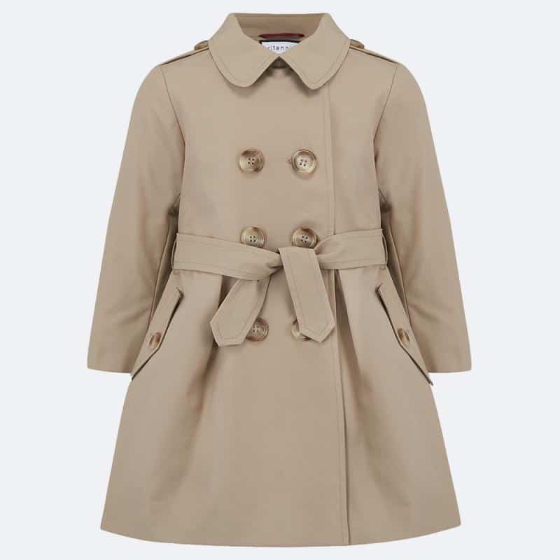 classic girls trench coat in beige made in Uk on white background