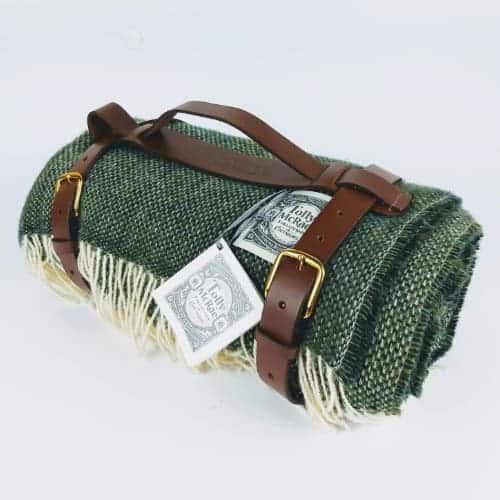 tolly mcrae British Racing Green wool picnic blanket, with leather caryy strap wool blanket in green
