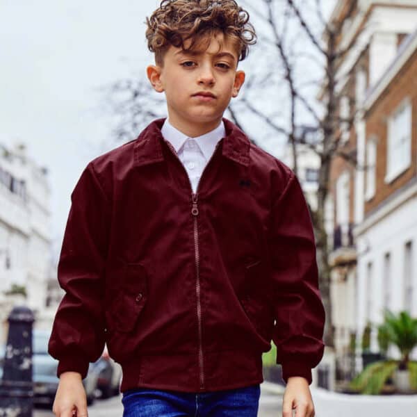 boy with burgundy harrington jacket made in Uk