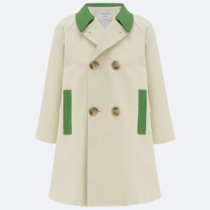 Cream children's coat with green edging on white background