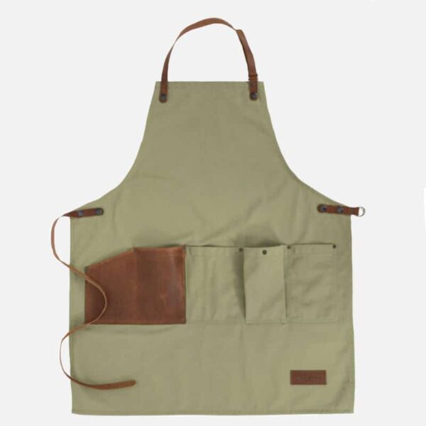 Risdon and risdon Gardeners apron, khaki green garden apron with leather pockets made in UK garden apron