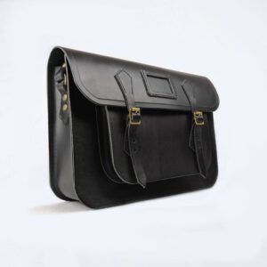 black leather satchel made in England on white bacground