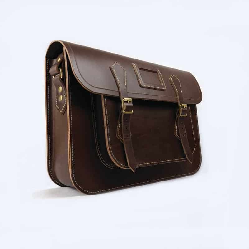 Brown leather satchel on white background, made in UK leather bag