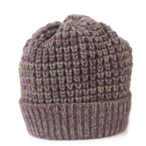 purple and grey hand knitted beanie british wool beanie