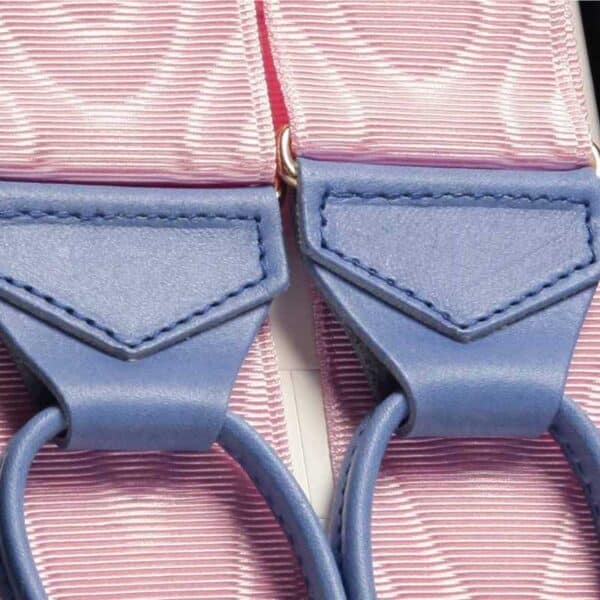 pink men's braces close up with blue leather made in Uk