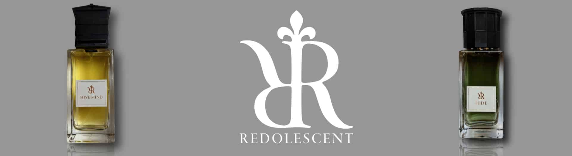 Redolescent perfunery brand header on perfume bottles on grey background with white logo