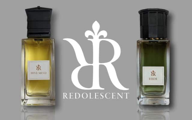 redolescent perfumes nich fragrenaces brand lcok up with two perfume bottles on grey background