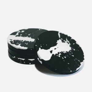 concrete and wax Set of four black white splatter concrete coasters, drinks coasters hand made in suffolk, luxury drinks coasters