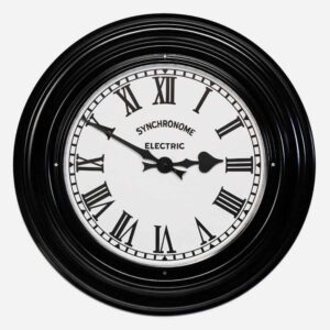 Synchonome Black Museum clock roman numerals, metal wall clock, black museum metal clock, metal kitchen clock