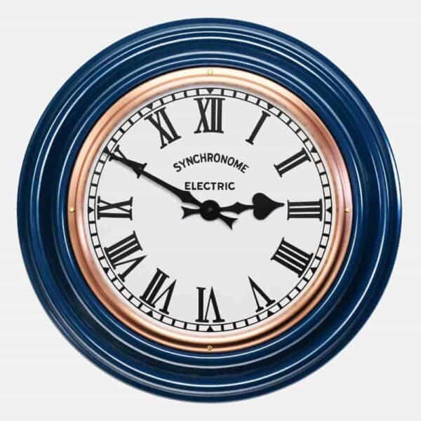 Synchonome clocks blue clock roman numerals, blue factory wall clock, handmade kitchen clock, british made wall clock