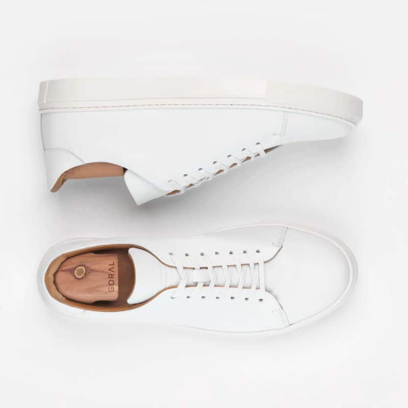 white British made trainers made in sheffield by Goral, white pumps on white background