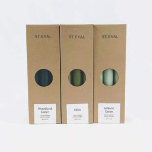 st eval green candle collection, dark green candles, medium green candles, and light green candles and olive green candles, made in cornwall candles