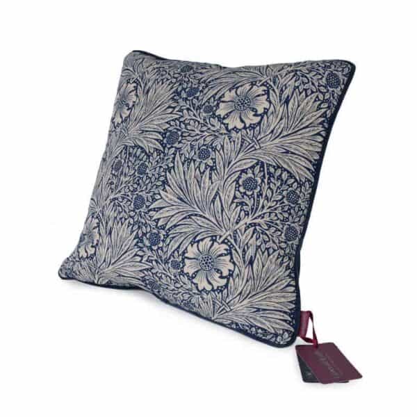 william morris marigold indigo fabric cushion from green and heath british wool made in UK