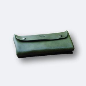 heather borg olive gree handmade leather large purse on white background