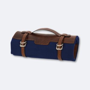 dark blue tool roll made in UK from Canvas and leather on white background