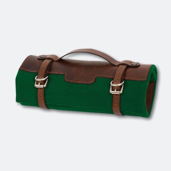 green canvas and leather tool roll made in Uk